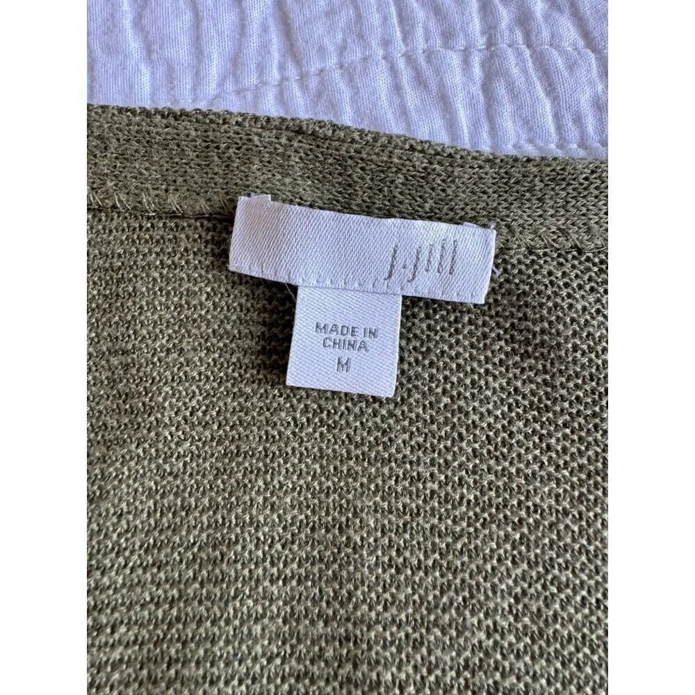 J.Jill Linen Open Front Long Sleeve Cardigan Shrug Linen Cotton SZ M Olive Green